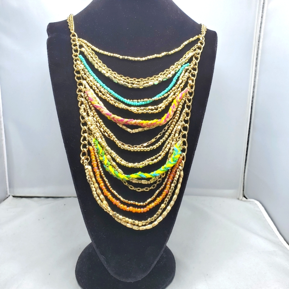 Bijou Drive gold  multi 21 row color beaded yarn and bead statement strand neck